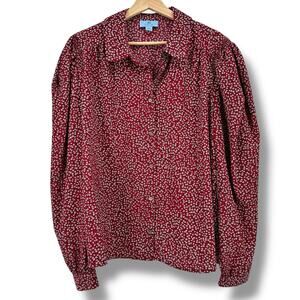 CeCe Ditsy Floral Print Puff Sleeve Button Shirt Plus Size 1X Red Black White